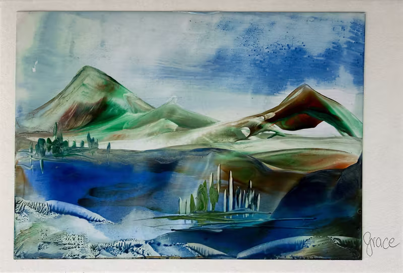 Encaustic-Karte: grüne Berge über einem blauen See