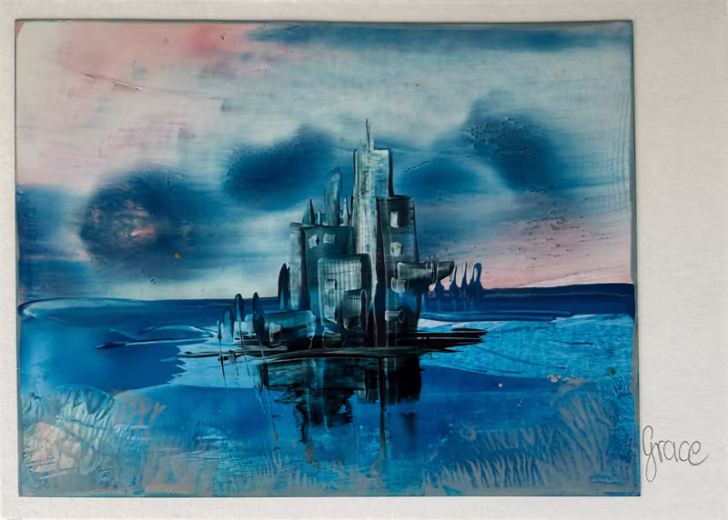 Encaustic-Karte: Schloss auf einer Insel im blauen Wasser