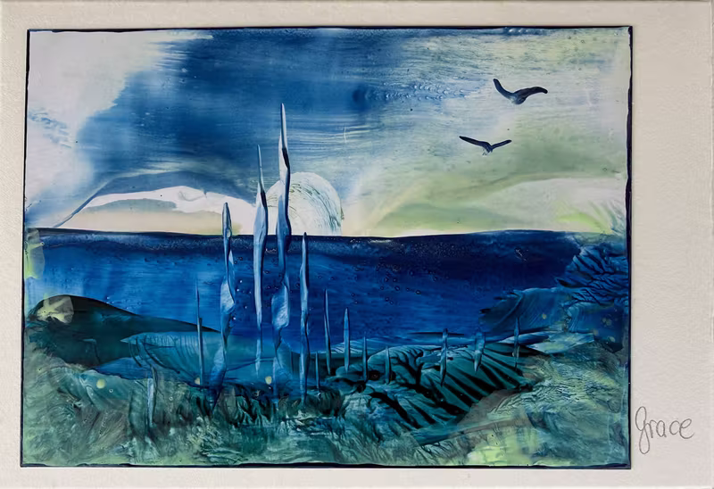 Encaustic-Karte: blaues Meer mit Vögeln am hellen Himmel