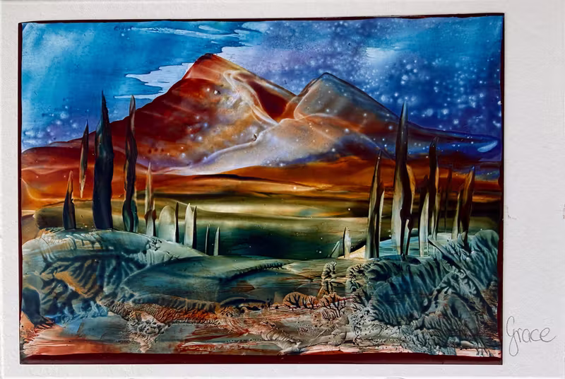 Encaustic-Karte: rotbraune Berge unter blauem Sternenhimmel