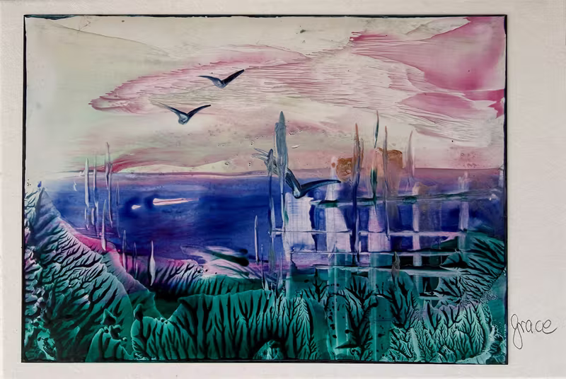 Encaustic-Karte: Vögel über einer Lagune unter rosa Himmel
