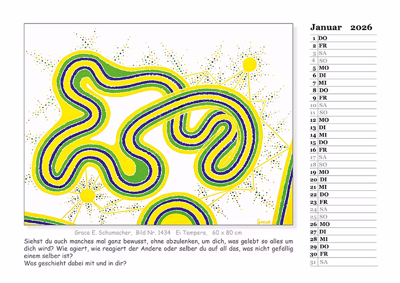 Kalender 2026, Kalenderblatt Januar mit medial gemaltem Bild und Text
