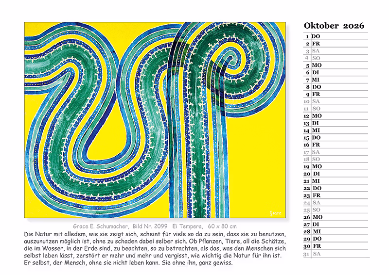 Kalender 2026, Kalenderblatt Oktober mit medial gemaltem Bild und Text