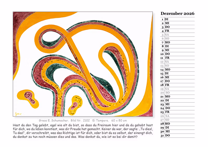 Kalender 2026, Kalenderblatt Dezember mit medial gemaltem Bild und Text