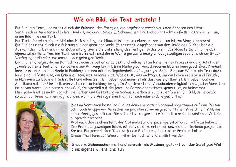 Kalender 2026, Infoseite „Wie ein Bild, ein Text entsteht“ mit Foto von Grace E. Schumacher