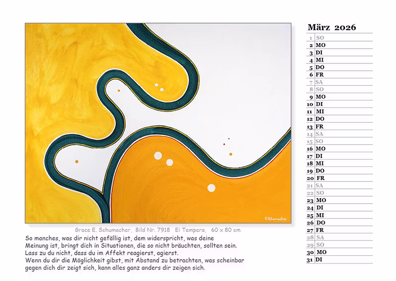 Kalender 2026, Kalenderblatt März mit medial gemaltem Bild und Text