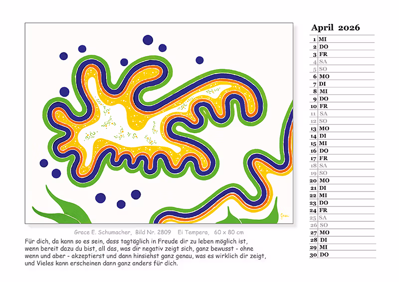 Kalender 2026, Kalenderblatt April mit medial gemaltem Bild und Text