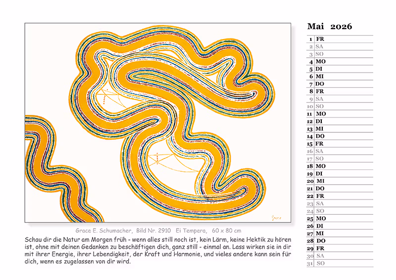 Kalender 2026, Kalenderblatt Mai mit medial gemaltem Bild und Text