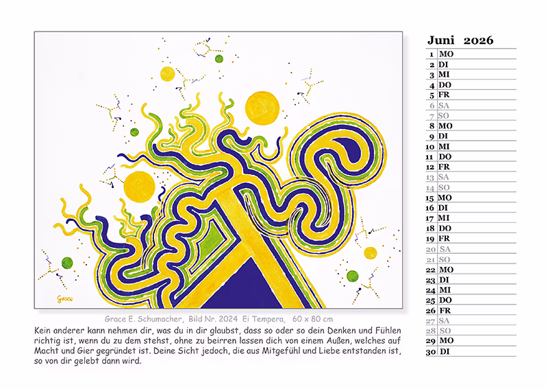 Kalender 2026, Kalenderblatt Juni mit medial gemaltem Bild und Text