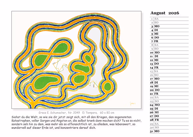 Kalender 2026, Kalenderblatt August mit medial gemaltem Bild und Text