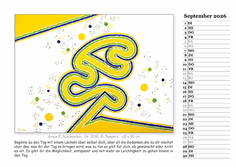Kalender 2026, Kalenderblatt September mit medial gemaltem Bild und Text